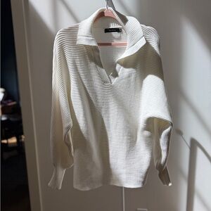 Amazon Cream Ribbed V-Neck Collared Sweater